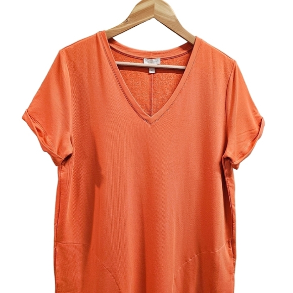 Garnet Hill Orange Tencel Terry V-Neck Shirt Dress Size Medium Pockets Stretch - Picture 3 of 10